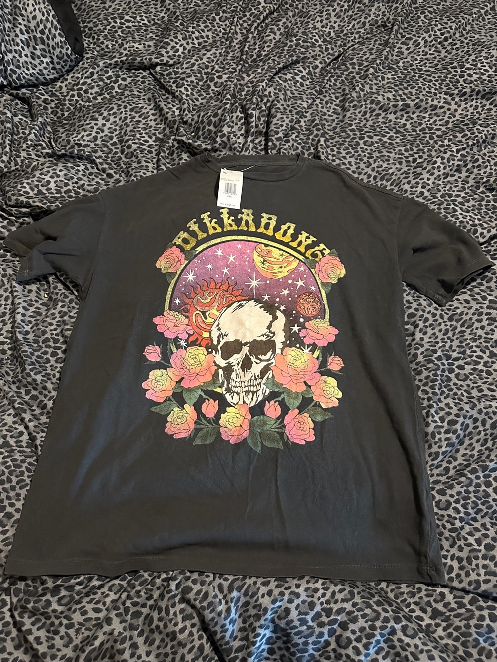 Billabong Black Tee with Skull, Roses & Celestial Print